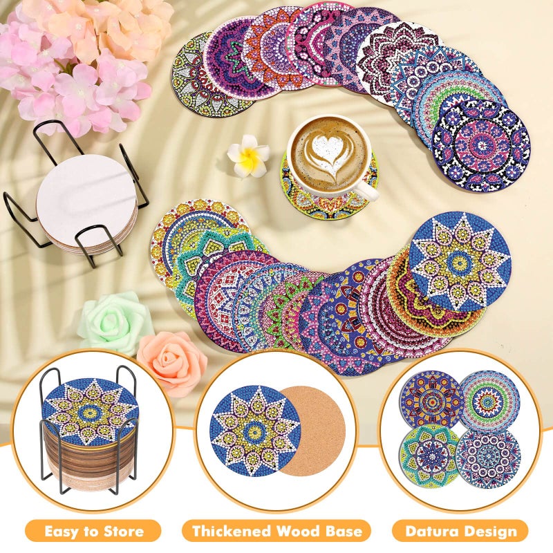 Caffox 20 Pieces Diamond Art Painting Coasters Kit with Holder, Diamond Art Coasters, DIY Diamond Art Crafts Projects, Diamond Art Kits for Adults and Beginners(Mandala Style) - Image 3