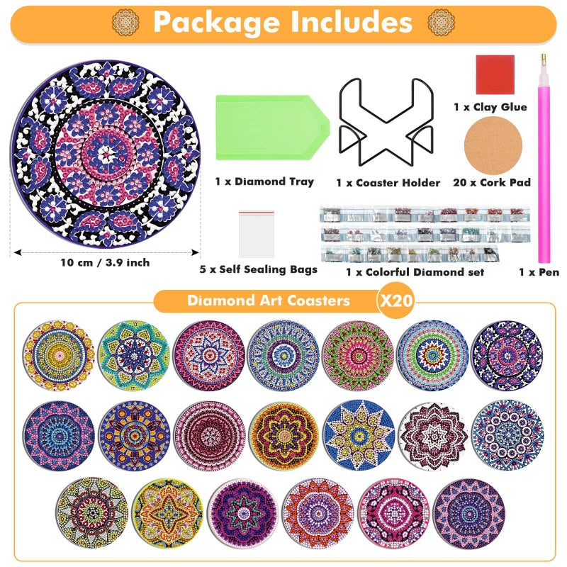 Caffox 20 Pieces Diamond Art Painting Coasters Kit with Holder, Diamond Art Coasters, DIY Diamond Art Crafts Projects, Diamond Art Kits for Adults and Beginners(Mandala Style) - Image 2