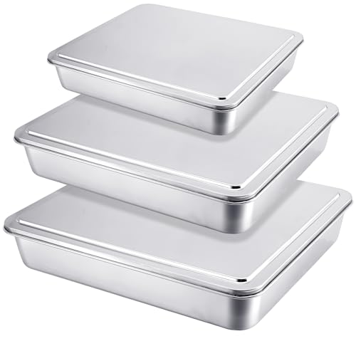 Tioncy 3 Set Stainless Steel Cake Pan with Lid 13119 Inch Rectangle Sheet Baking Pan with Covers Bakeware with Lids for Cakes Breads Casseroles Fish Vegetables and More - Image 1
