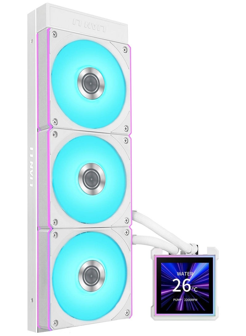 ليان لي مبرد وحدة المعالجة المركزية السائل HydroShift II LCD-S 360 CL 360 مم AIO - شاشة IPS LCD مقاس 3.4 بوصة بدقة 480×480، مشعاع نحيف 24 مم، شاشة مغناطيسية قابلة للتبديل السريع، متوافق مع LGA/AM4/AM5، مراوح لاسلكية TL/CL، لون أبيض | GHS2LCDS36CW - Image 1