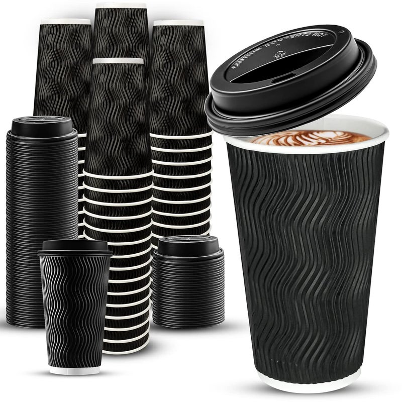 Ginkgo 100 Pack 16 oz Disposable Insulated Coffee Cups with Lids Paper ToGo Coffee Cups for Coffee Bars Hot Chocolate Cocoa and Hot Tea Drinks  Black