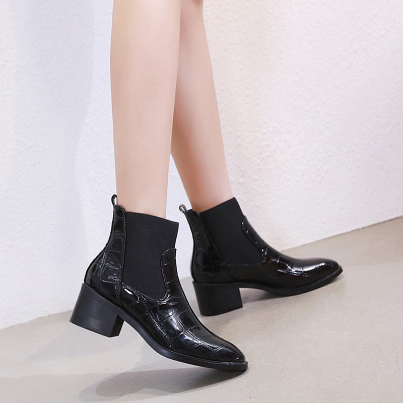 1 Pair of Winter Boots Chunky Heels Boots Women Pattern Boots (Black) - Image 5
