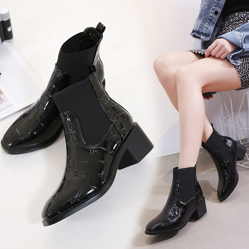 1 Pair of Winter Boots Chunky Heels Boots Women Pattern Boots (Black) - Image 1