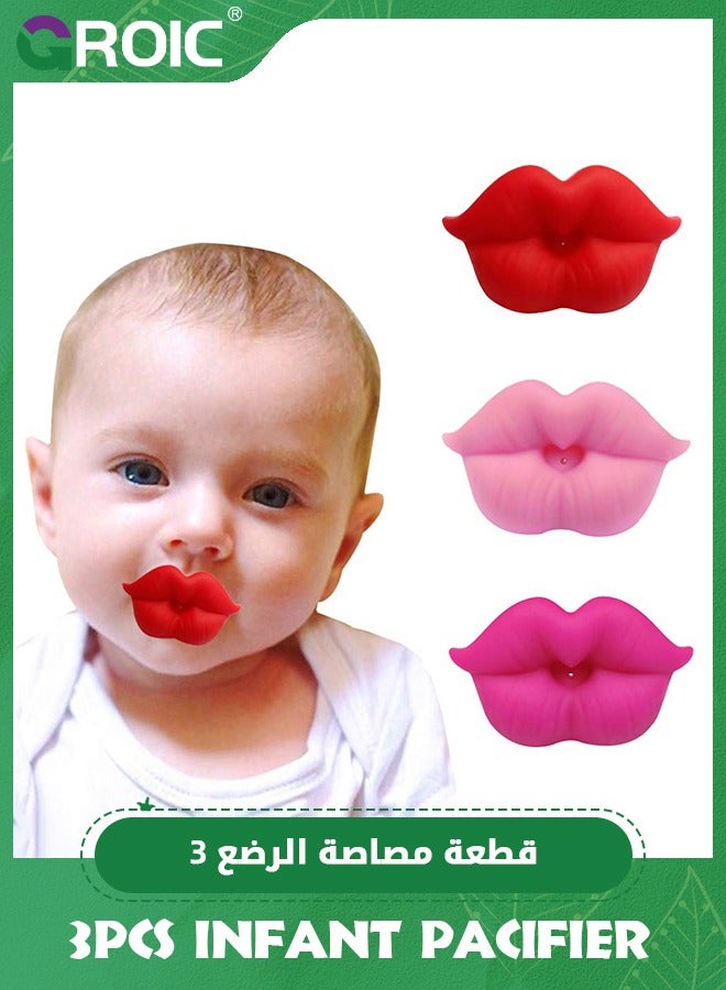 GROIC 3Pcs Infant Pacifier, Funny Lips Baby Pacifiers, Soft Silicone Cute Pacifier Design with Lip,Funny Lips Orthodontic Cute Pacifier,Mommy's Touch Lips Pacifiers - Image 1