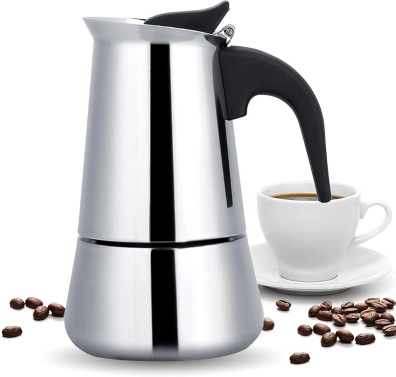 THWÂ® Stovetop Espresso Maker - Moka Pot, 200ml (4 Cups) - Stainless Steel Italian Coffee Maker for Mocha, Cappuccino & Latte - Quick Brewing & Ergonomic Design