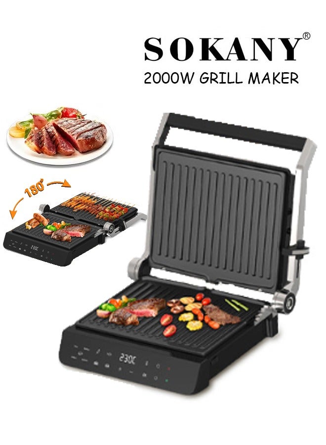 sokany Contact Grill,Sandwich/Panini and Meat Grill with Led Display,2000W Multifunctional Non Stick Electirc Griller, Breakfast Sandwich Maker, 90-180 Degree Slot, Ideal for Grilling Sandwiches, Steaks, and Burgers, SK-08079, Black/Silver - Image 1