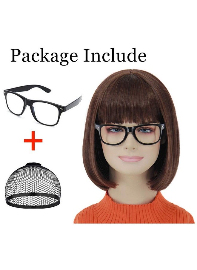 shecool - Brown Bob Wigs For Velma Cosplay Costume Wig With Glasses Short Bob Wig With Bangs Cute Natural Looking Synthetic Hair Wigs For Daily Party Halloween Sl005Br - Image 1