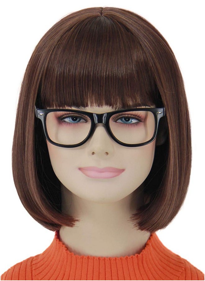 shecool - Brown Bob Wigs For Velma Cosplay Costume Wig With Glasses Short Bob Wig With Bangs Cute Natural Looking Synthetic Hair Wigs For Daily Party Halloween Sl005Br - Image 1