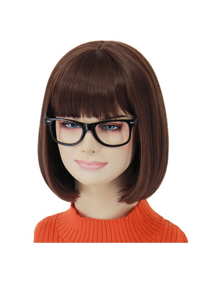 shecool - Brown Bob Wigs For Velma Cosplay Costume Wig With Glasses Short Bob Wig With Bangs Cute Natural Looking Synthetic Hair Wigs For Daily Party Halloween Sl005Br - Image 1
