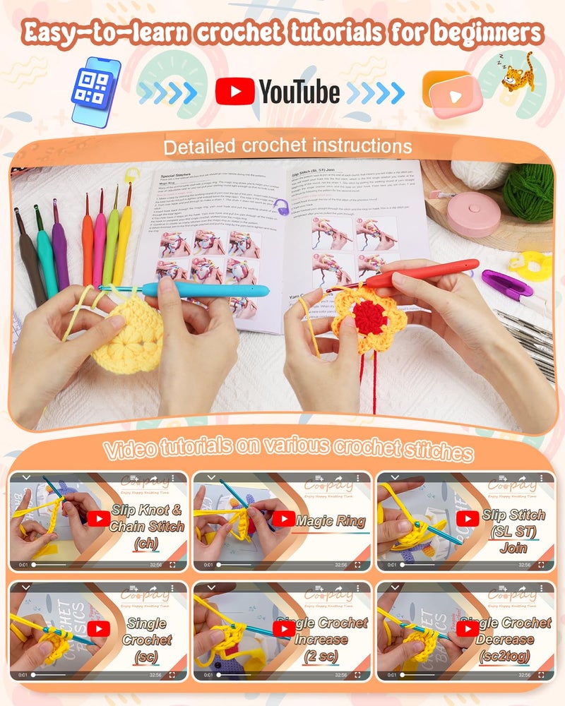 Coopay Crochet Kit Beginners Crochet Hook Set with Crochet Yarn,58PCS Portable Crochet Set Ergonomic Crochet Hooks Travel Knitting Crochet Supplies - Image 3