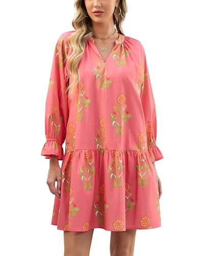 YEXPINE Women's 2026 Summer Boho Floral Mini Dress V Neck Puff Long Sleeve Ruffle Tiered Flowy Beach Vacation Dress Light Pink - Image 1