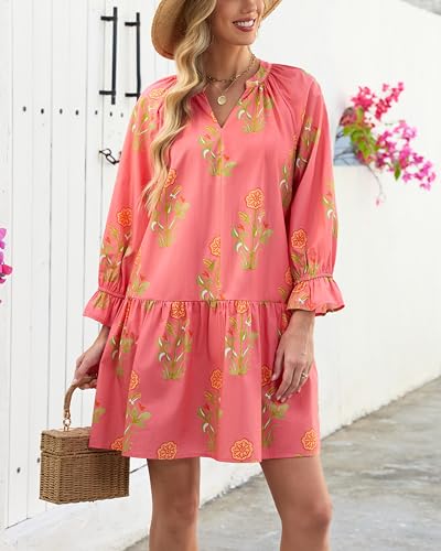 YEXPINE Women's 2026 Summer Boho Floral Mini Dress V Neck Puff Long Sleeve Ruffle Tiered Flowy Beach Vacation Dress Light Pink - Image 5