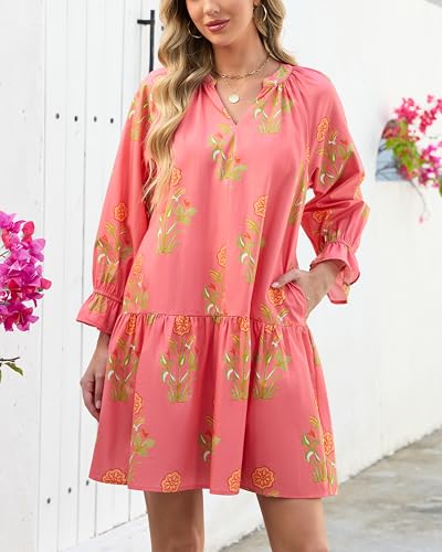 YEXPINE Women's 2026 Summer Boho Floral Mini Dress V Neck Puff Long Sleeve Ruffle Tiered Flowy Beach Vacation Dress Light Pink - Image 4