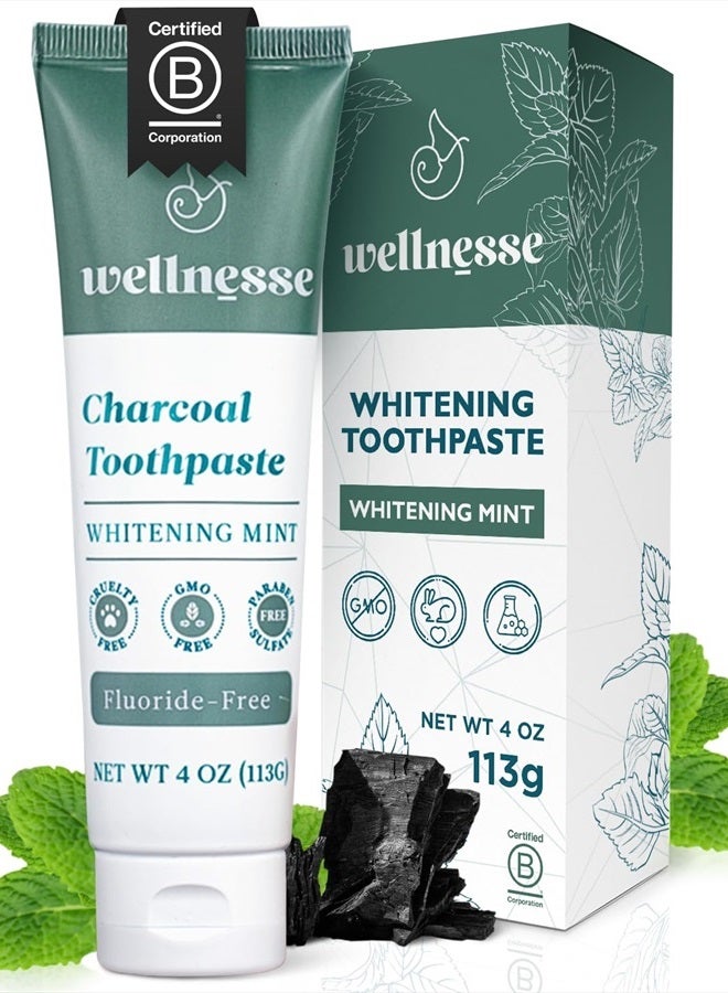 Wellnesse Activated Charcoal Whitening Toothpaste with Xylitol - Natural Teeth Whitening & Breath Freshness + Fluoride-Free, Vegan, No Glycerin - Whitens, Strengthens, & Purifies - Image 1