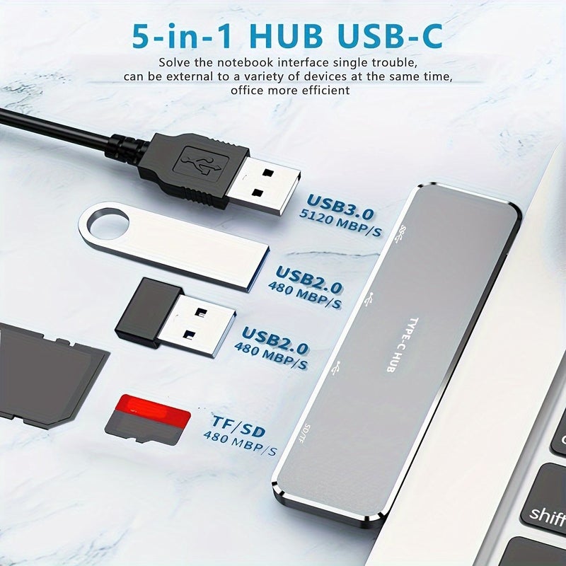 هب من الألومنيوم 5 في 1 من النوع C محمول بمنفذ USB 3.0 لقارئ بطاقات SD وTF للرجال والنساء هدية صغيرة لطيفة - Image 3