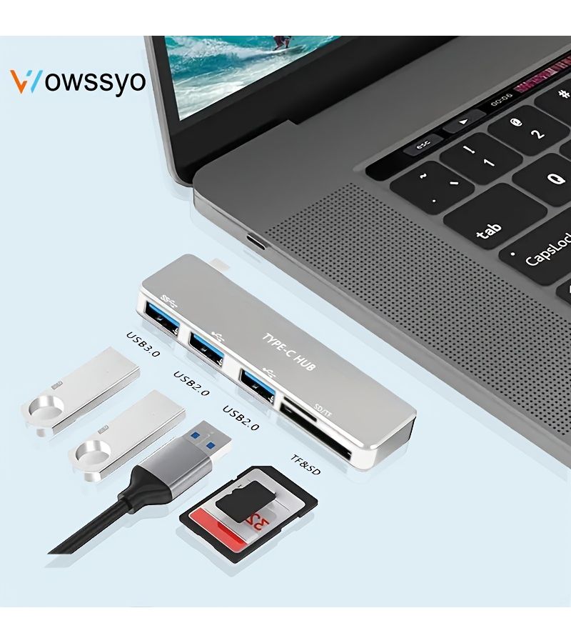 هب من الألومنيوم 5 في 1 من النوع C محمول بمنفذ USB 3.0 لقارئ بطاقات SD وTF للرجال والنساء هدية صغيرة لطيفة - Image 1