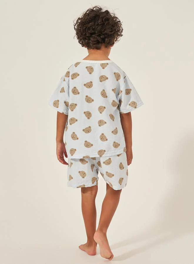 Styli Teddy Print Cotton T-Shirt and Shorts Set