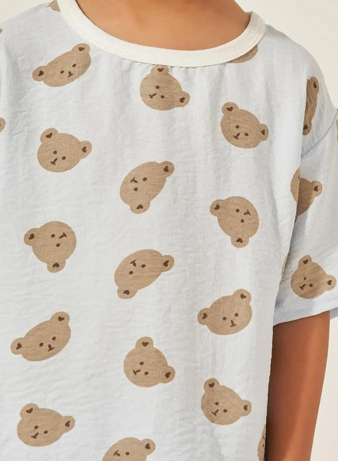 Styli Teddy Print Cotton T-Shirt and Shorts Set