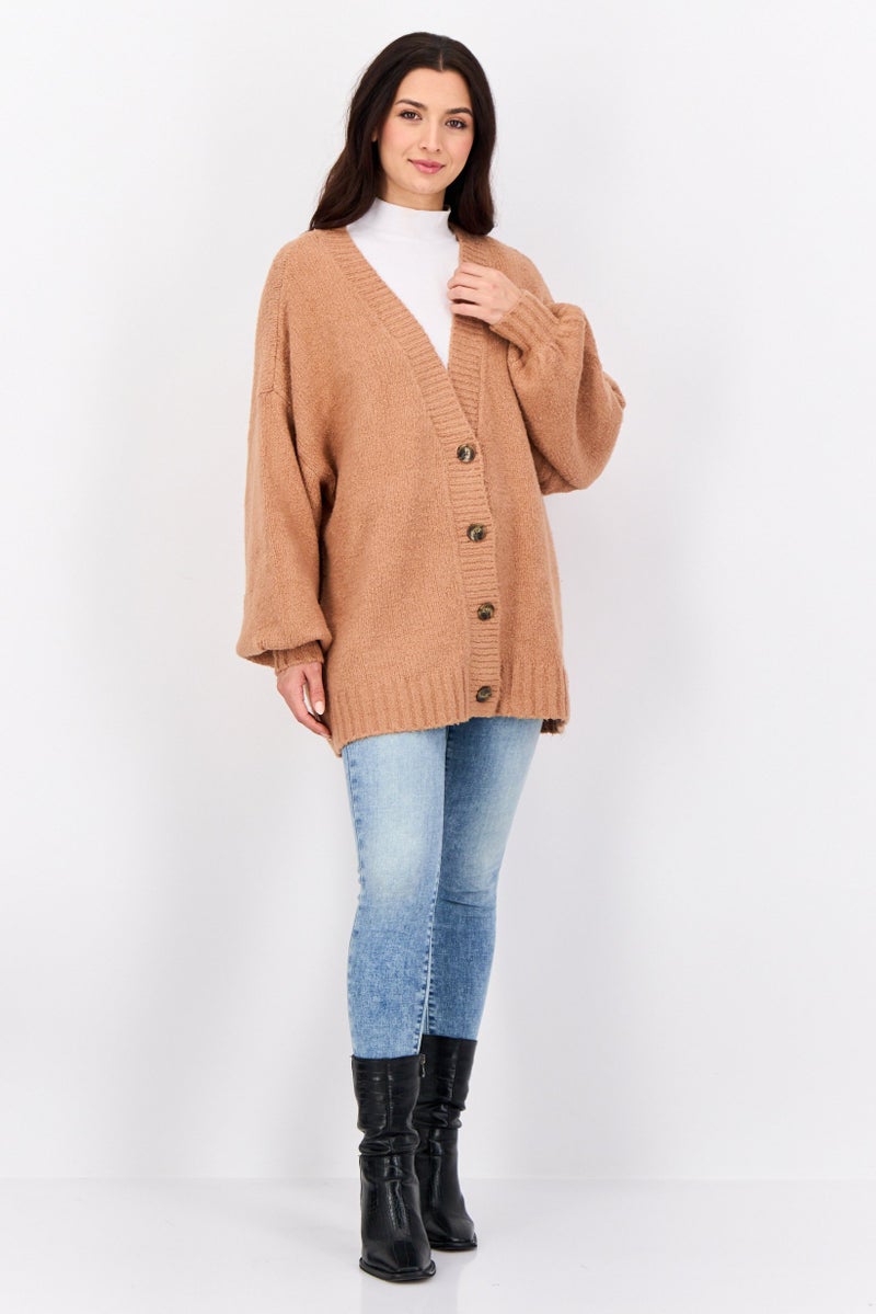 Aerie Women V Neck Knitted Cardigan, Brown  - Image 4