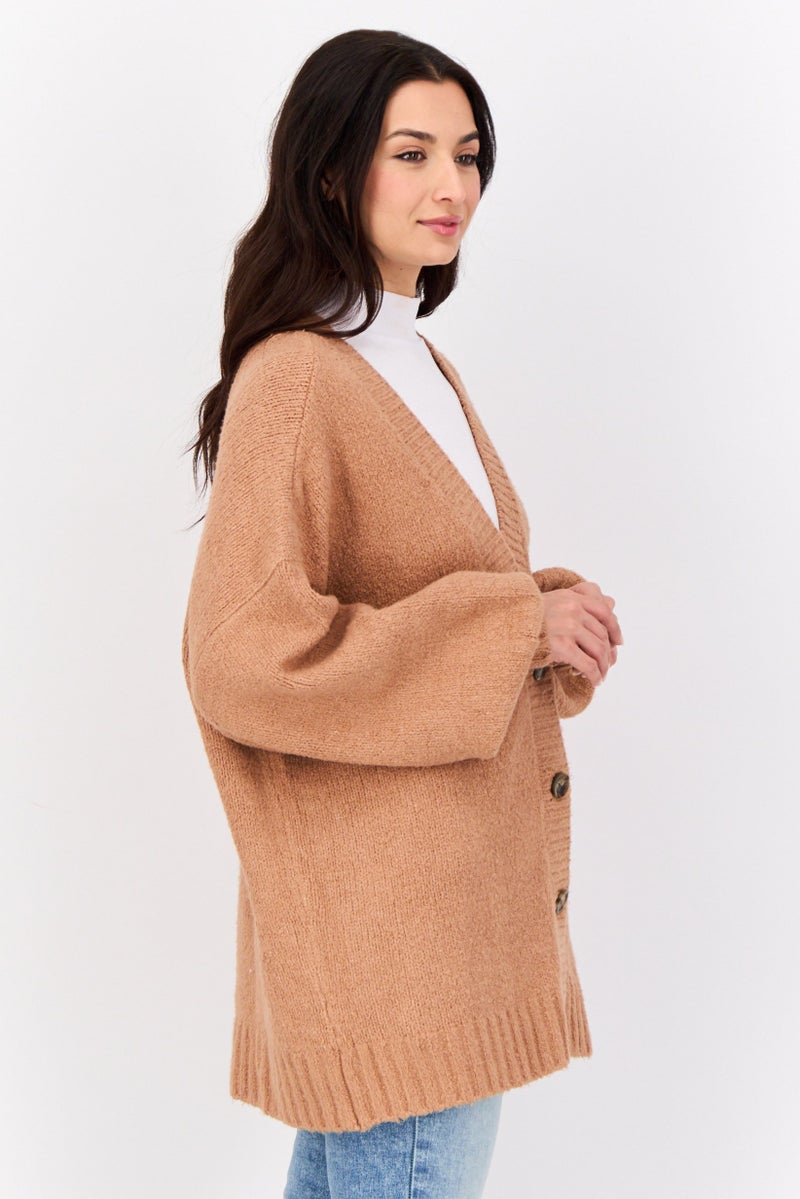 Aerie Women V Neck Knitted Cardigan, Brown  - Image 2