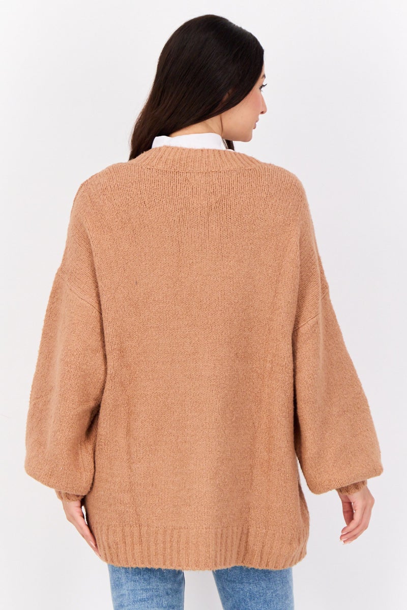 Aerie Women V Neck Knitted Cardigan, Brown  - Image 3