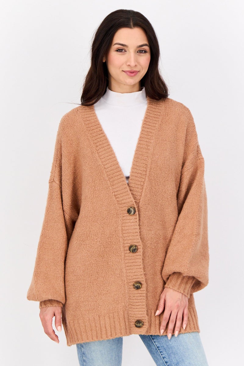 Aerie Women V Neck Knitted Cardigan, Brown  - Image 1