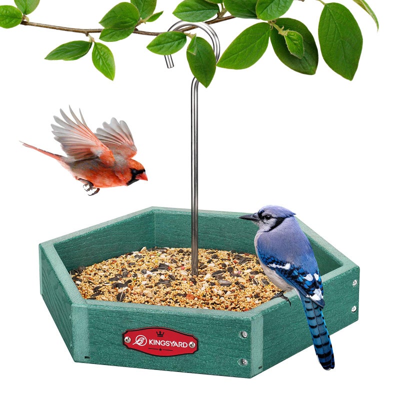 Kingsyard Heavy Duty Hanging Platform Bird Feeder Weatherproof Recycled Plastic Tray with Metal Mesh Screen Easy Clean Outdoor Feeder for Cardinals Bluebirds Wild Birds Green - Image 2