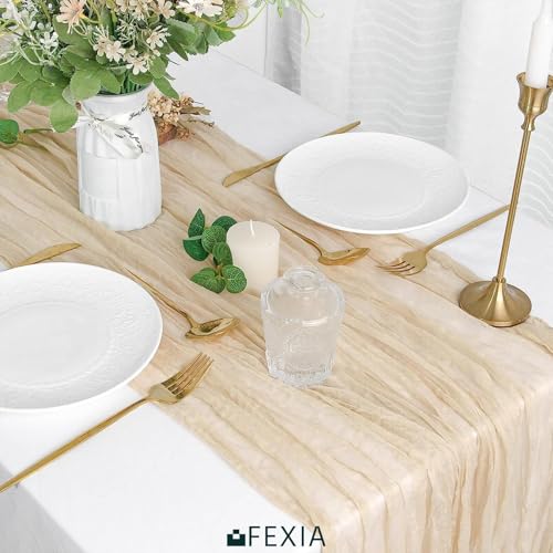FEXIA Beige Cheesecloth Table Runner 35x120 Inches Ivory Gauze Rustic Boho Spring Easter Table Runner for Engagement Party Decorations Bridal Shower Wedding Party First Communion Centerpiece - Image 4