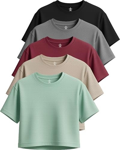 REALESSENTIALS Real Essentials 5 Pack Womens DryFit Breeze Tech Crop Tops Short Sleeve Athletic Workout Yoga Tees Available in Plus Set 6 XS - Image 1