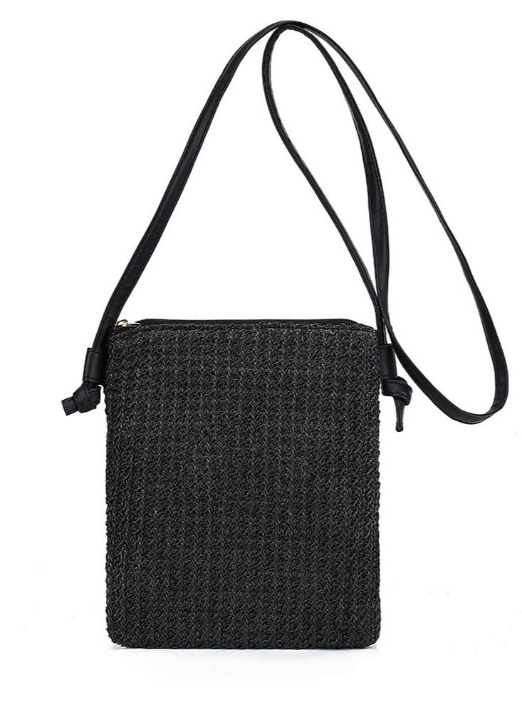 Zikra Straw Crossbody Beach Bag, Summer Beach Shoulder Bags, Boho Woven Clutch Bag, Suitable for Beach Vacation Party (Black) - Image 1