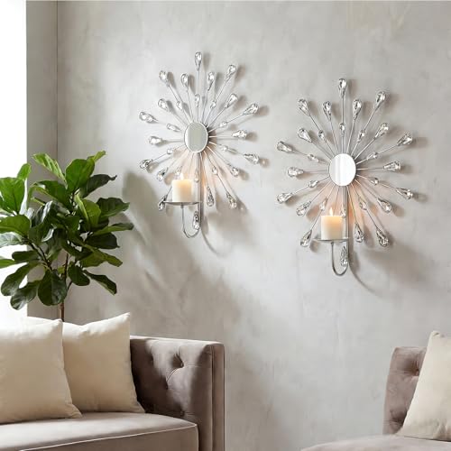 ZEXUIRU Crystal Rhinestone Wall Candle Sconces Set of 2 Bling Diamond Metal Sunburst Candle Holders Iron Decorative Wall Mounted Holders for Living Room Bedroom Bathroom Silver - Image 1