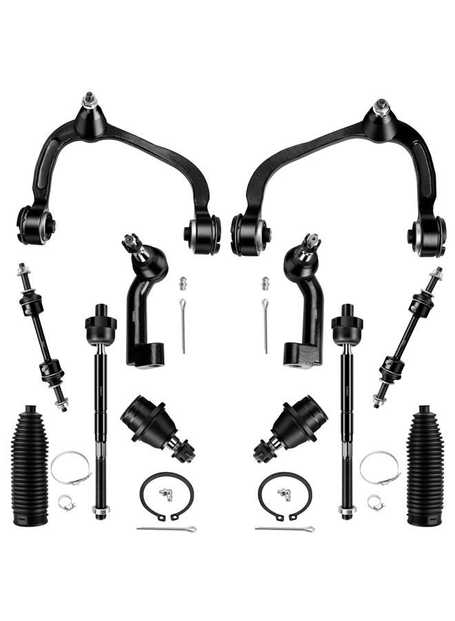 LCWRGS طقم تعليق أمامي 12 قطعة متوافق مع فورد F-150 4WD 4X4 من 2009-2014، 2 ذراع تحكم علوي، 2 مفاصل كروية سفلية، 2 روابط قضيب التوازن، 4 قضبان توجيه داخلية وخارجية، 2 أغطية - Image 1