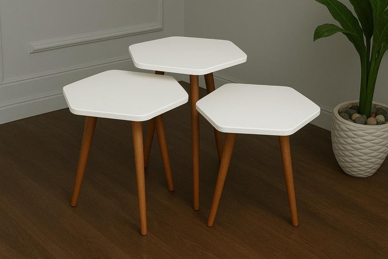 Modern Hexagon Nesting Tables Set of 3 – White & Wood Finish, Scandinavian Style Coffee and Side Tables for Living Room, Bedroom, or Office