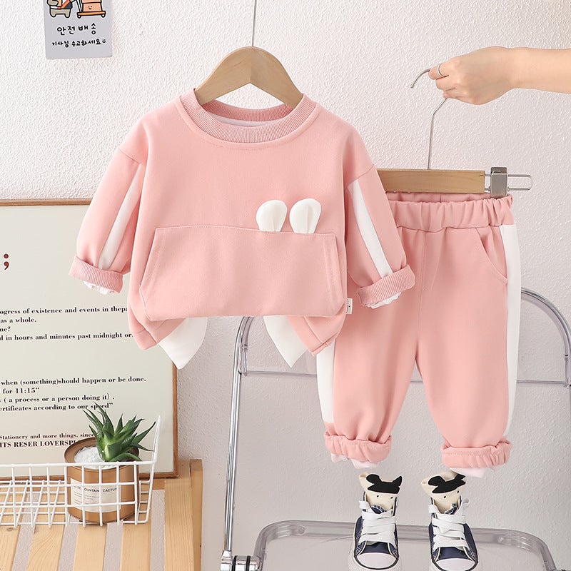 Korean Style New Fashionable Childrens Fashionable Baby Spring and Autumn Three-Dimensional Ear Large Pocket Long Sleeve Two-Piece Set for Boys suit Pink