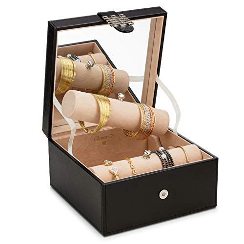 Glenor Co Bracelet Jewelry Box with 2 Removable Rolls - Holder Stores Bracelets, Bangles & Watches - Organizer w Metal Closure - Large Mirror - PU Leather - Display on Stand or Dresser - Black - Image 4