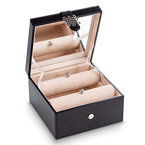 Glenor Co Bracelet Jewelry Box with 2 Removable Rolls - Holder Stores Bracelets, Bangles & Watches - Organizer w Metal Closure - Large Mirror - PU Leather - Display on Stand or Dresser - Black - Image 2