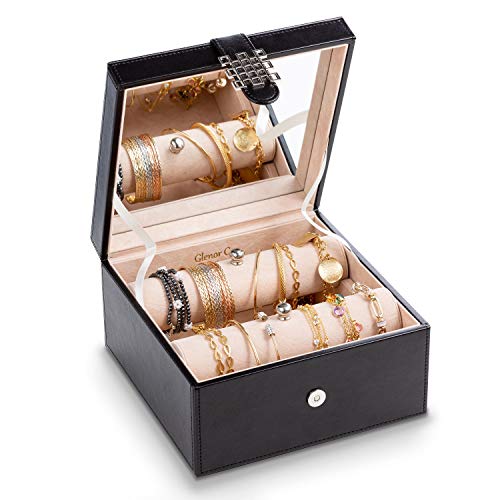 Glenor Co Bracelet Jewelry Box with 2 Removable Rolls - Holder Stores Bracelets, Bangles & Watches - Organizer w Metal Closure - Large Mirror - PU Leather - Display on Stand or Dresser - Black - Image 1