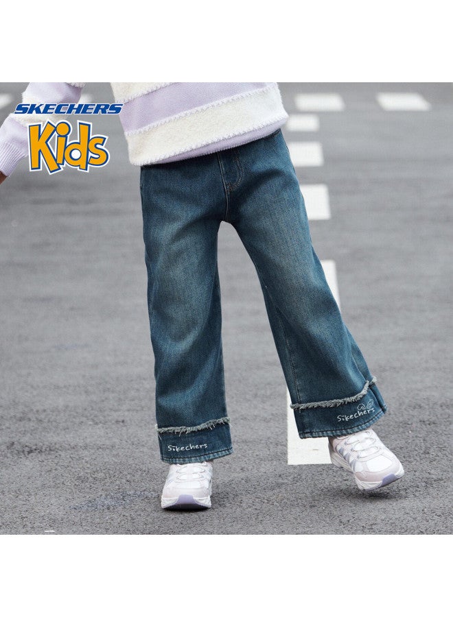 Skechers Girls' Pants Winter Kids Outdoor Casual Frayed Wide-leg Jeans Fuchsite Blue 130 - Image 3