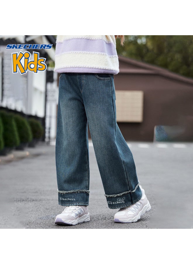 Skechers Girls' Pants Winter Kids Outdoor Casual Frayed Wide-leg Jeans Fuchsite Blue 130 - Image 1