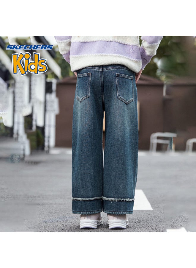 Skechers Girls' Pants Winter Kids Outdoor Casual Frayed Wide-leg Jeans Fuchsite Blue 130 - Image 4