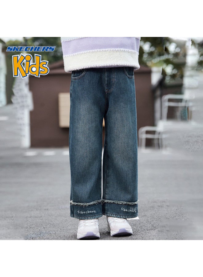 Skechers Girls' Pants Winter Kids Outdoor Casual Frayed Wide-leg Jeans Fuchsite Blue 130 - Image 2