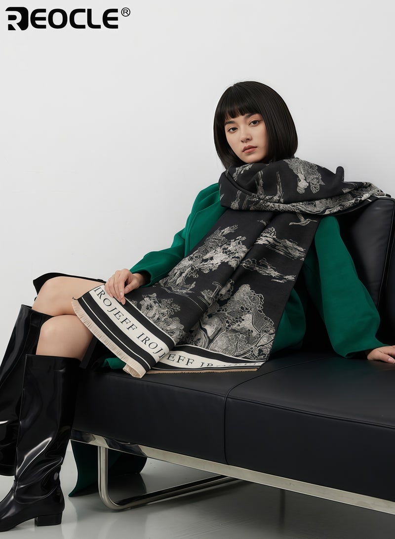 REOCLE Women's Jacquard Landscape Scarf with Faux Cashmere Blend and Long Wide Design Heated Wrap with Winter Warmth for Air Conditioned Room - Image 3