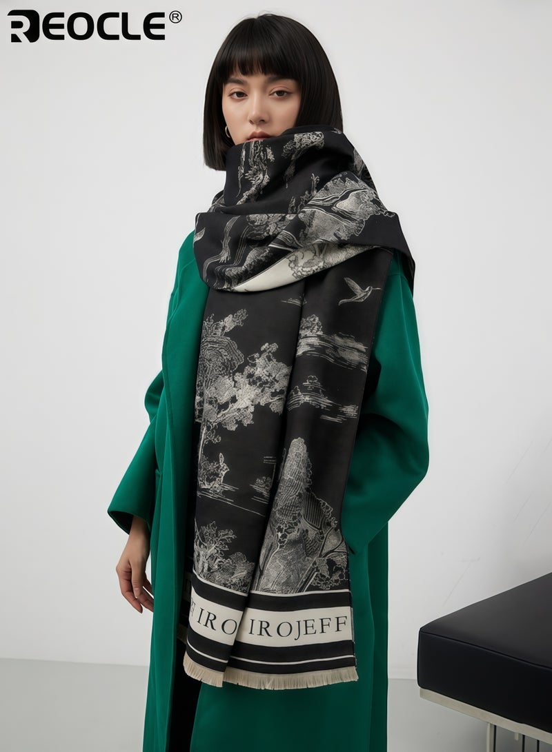 REOCLE Women's Jacquard Landscape Scarf with Faux Cashmere Blend and Long Wide Design Heated Wrap with Winter Warmth for Air Conditioned Room - Image 2