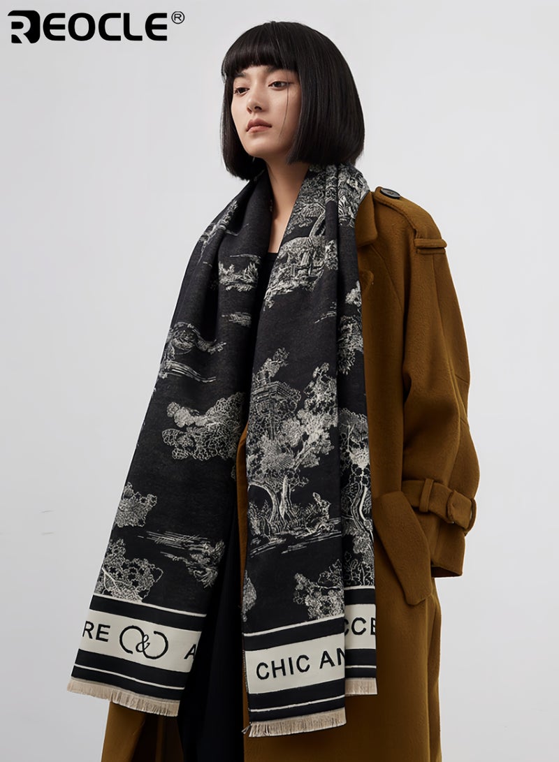 REOCLE Women's Jacquard Landscape Scarf with Faux Cashmere Blend and Long Wide Design Heated Wrap with Winter Warmth for Air Conditioned Room - Image 1