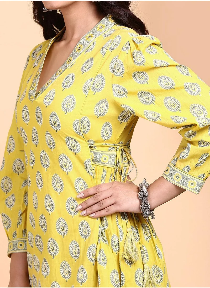 آي شين Women Mustard Cotton Kurta Afgani Pant Dupatta