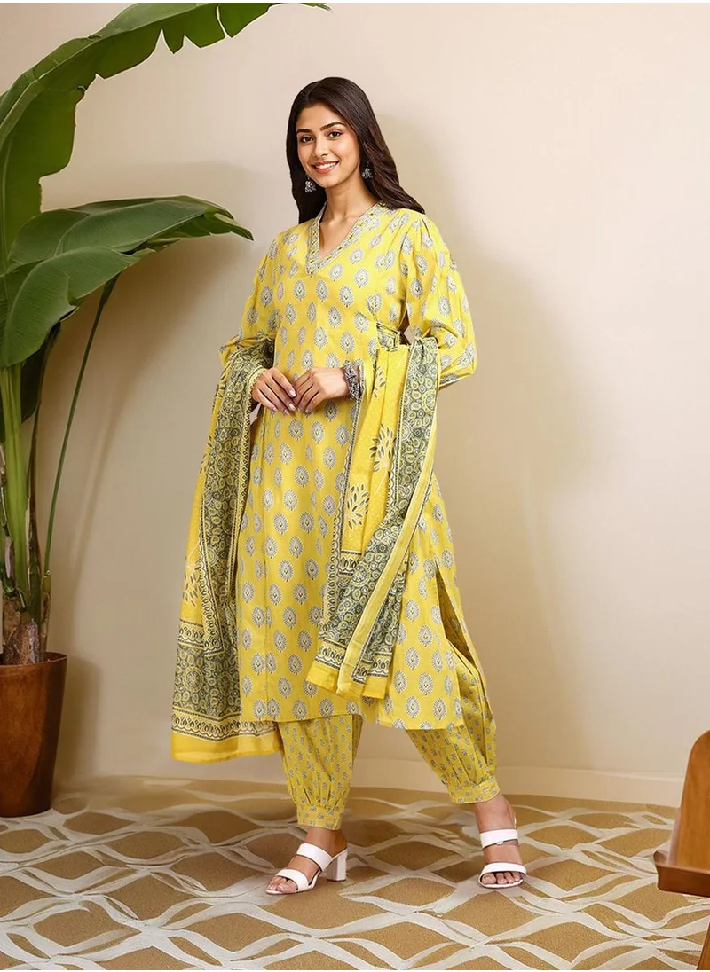 آي شين Women Mustard Cotton Kurta Afgani Pant Dupatta