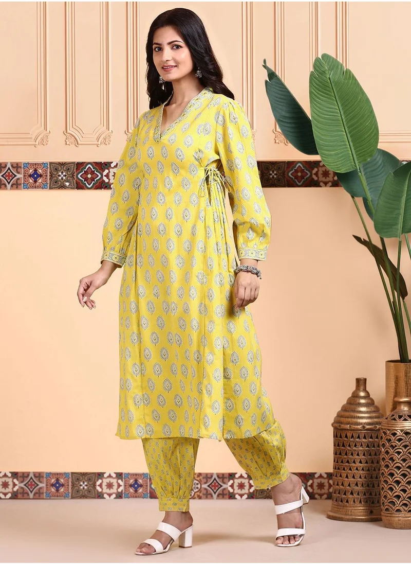 ISHIN Women's Mustard 100% Cotton Embellished Tunic Full Length Casual Straight Fit Kurta Set