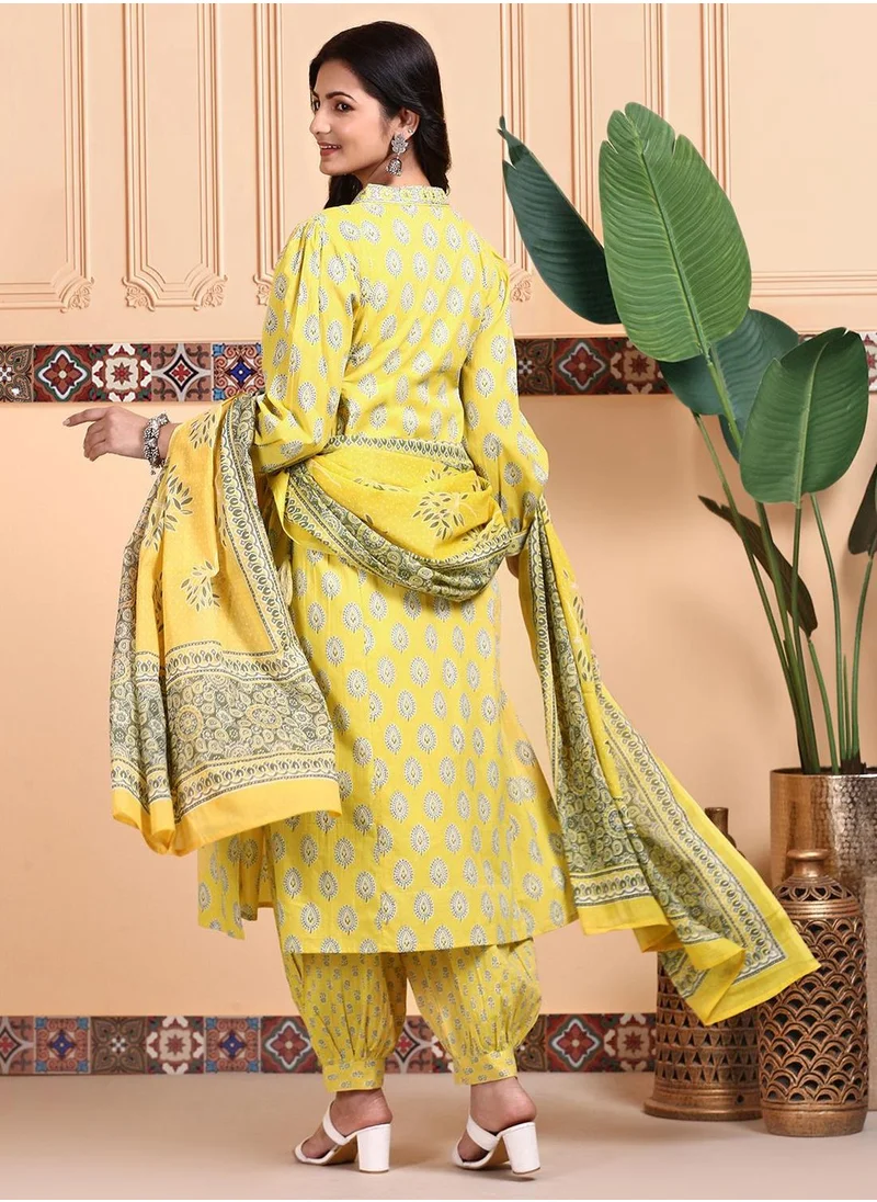ISHIN Women's Mustard 100% Cotton Embellished Tunic Full Length Casual Straight Fit Kurta Set