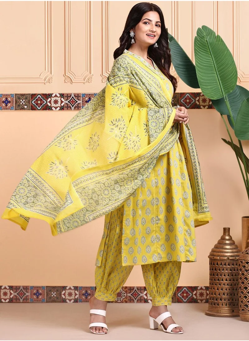 ISHIN Women's Mustard 100% Cotton Embellished Tunic Full Length Casual Straight Fit Kurta Set