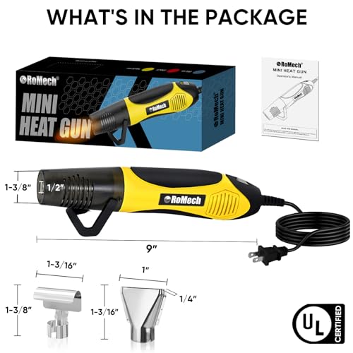 ROMECH 350W Heat Gun with 2 Nozzles, Dual Temp Heat Gun 400°F-660°F, Fast Heat Hot Air Gun with Overload Protection for DIY Craft Embossing Shrink Wrapping (Yellow) - Image 4